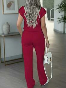 Conjunto informal de 2 piezas para mujer, blusa de manga corta de unicolor combinada con pantalones estampados con gráfico de corazón, adecuado para uso casual en primavera/otoño y verano - Vino tinto 37 - Ver 4