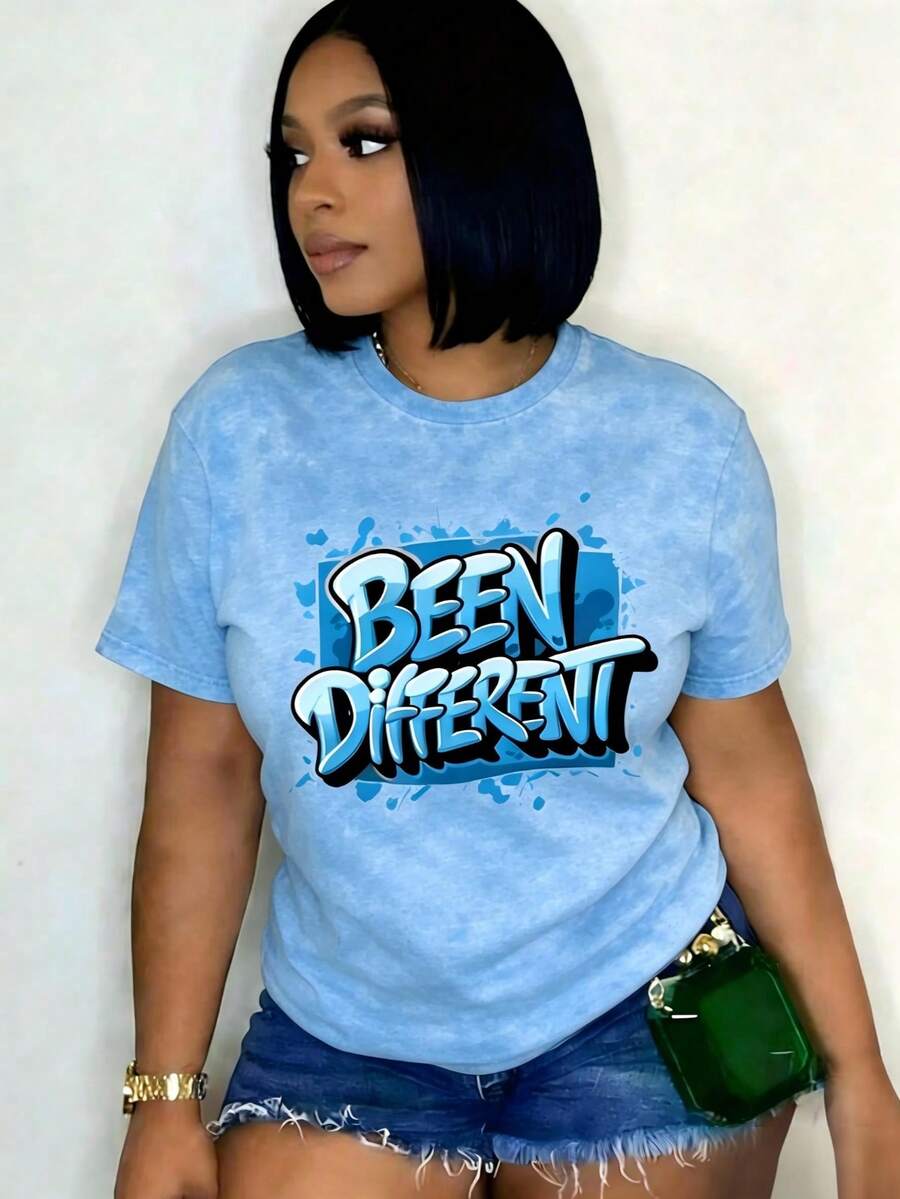Women's Oversized Graphic Short-Sleeve Tee Blue Graffiti Inspired Design 'S Comfit Fashionable Women ClothingRetro Y2K Lovers Campus Commute, Music Festivals, Brunch Dates Blend Top - Màu xanh nhạt - Xem 1