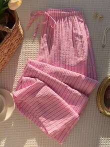 Pantalones a rayas rosas para mujer, vacaciones de verano - Rosa - Ver 3