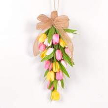 1 pieza Guirnalda de tulipán con lazo de oreja de cordero y gota, decoración artificial verde para colgar en la puerta, adecuada para ambientación de primavera/verano, decoración de pared de estilo granja para días festivos, apta para todas las estaciones, hogar, jardín, boda o regalo - A - Ver 20