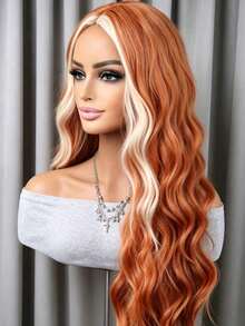 Highlight Ginger Orange Body Wave Synthetic Lace Front Wigs Natural Looking 13x4 HD Transparent Ombre Ginger Orange Lace Front Wigs Free Parting Water Wave Synthetic Wigs For Women Glueless Wigs Heat Resistant - 高光薑橙 - 查看 7