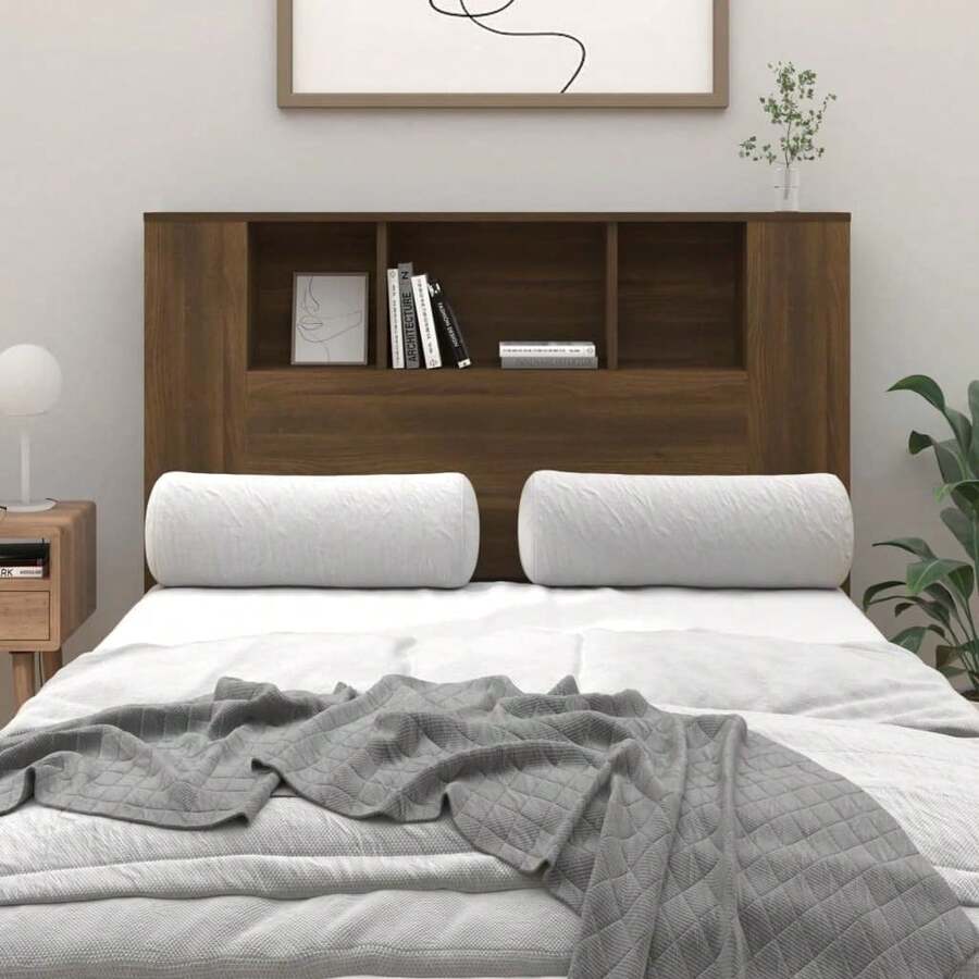 vidaXL Bed Headboard And Wall Unit, Bedroom Furniture, With Storage And Accessories, 120x19x104.5cm, Light Oak - 橡木深色 - 查看 1