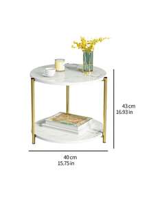 Round Side Table Made Of Composite Wood With A Marble-Effect Texture, Modern Minimalist Side Table For Sofa, 2-Tier Storage Unit - 白色 - 查看 3