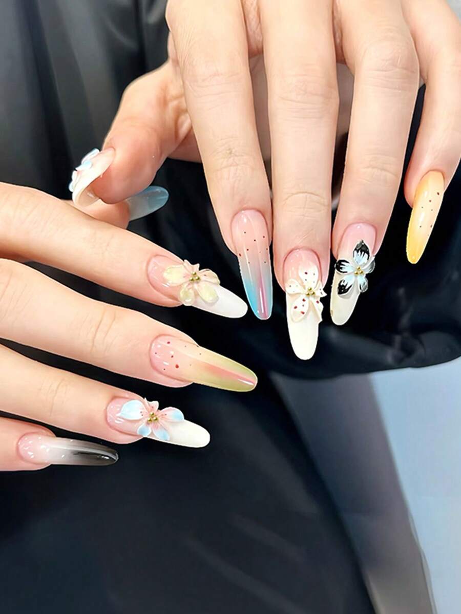 30片长椭圆形3D凝胶美甲贴纸,设计包含3D花朵,法式风格,完美贴合,包含1片果冻胶和1片指甲锉,适合女性/女孩日常生活、美容、美甲、毕业季、节日、旅行、送礼。 - 彩色 - 查看 1