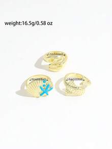 Bộ 3 nhẫn hình sao biển và vỏ sò phong cách nghỉ dưỡng, nhẫn hình sao biển màu xanh nhiều họa tiết dành cho nữ. - Vàng - Xem 4