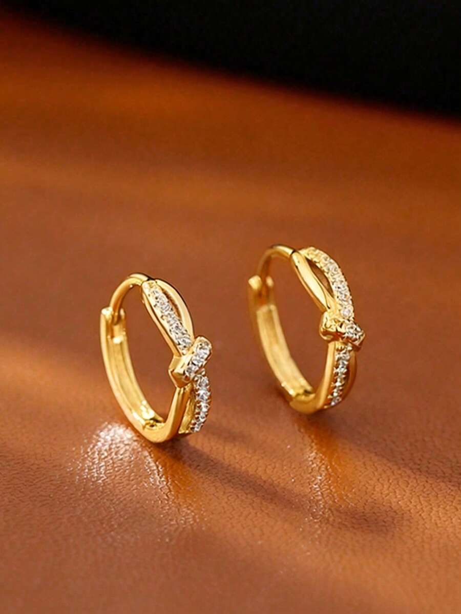 1 Pair Minimalist Design Zirconia Inlaid Line Knot Earrings - Yellow Gold - View 1