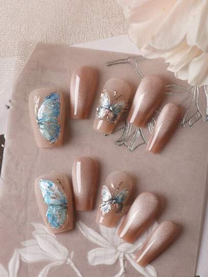 10pcs Press On Nails Brown Cat Eyes Blue Butterfly Nails Press On Faux Ongles Handmade Press On Nails Short Nails Fake Nails Artificial Nails Kit Includes 1sheet Adhesive Tabs &1 Pc Mini File