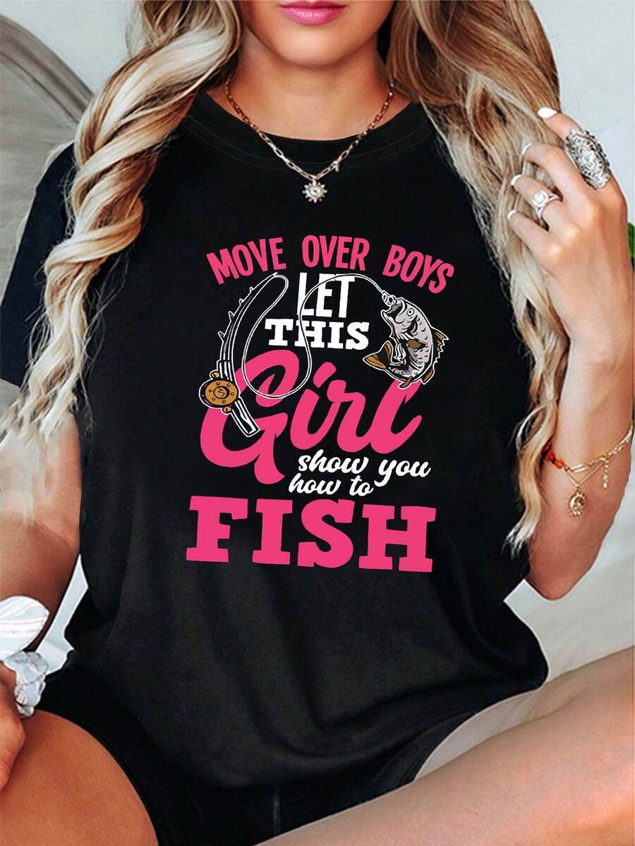 CAMBIATE DE CARRIL, DEJAD QUE ESTO OS ENSEÑE A PESCAR" Camiseta con estampado de letras, manga corta y cuello redondo, prenda superior casual para verano y primavera, ropa de mujer - Negro - Ver 1
