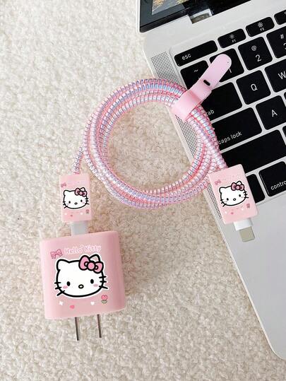 SANRIO غطاء واقي لشاحن هيلو كيتي، مناسب لآيفون 18 واط/20 واط، منظم كابل ليزري، كابل بيانات مضاد للثني، طقم غطاء واقي لرأس الشحن من مادة TPU