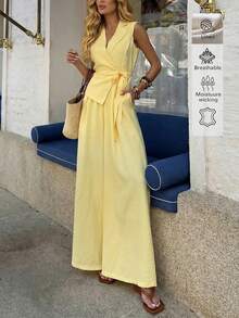 2 piezas Conjunto de lino elegante y casual minimalista para vacaciones/uso diario, para mujer - Amarillo - Ver 4