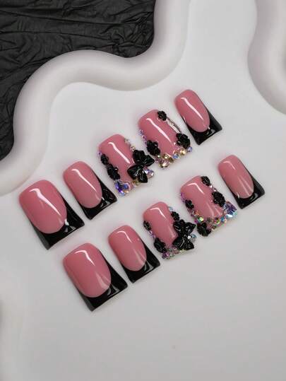 10pcs Handmade Duck-Mouth Nail Tips, Y2K Baddie Style, Nude & Black Color With French Black Edge, Bow, Rhinestone, Floral Elements Design, Dazzling Nails For Women And Girls, Suitable For Parties, Dances, Daily Wear, Include Nail Tools, Can Be Gift For Ladies And Girls