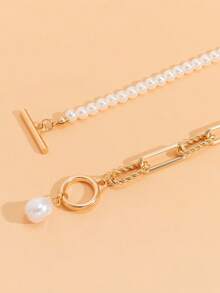 1pc Fashionable Long Pearl Chain Layered Necklace, Retro Personalized Pearl Clasp Necklace - Gold - View 3