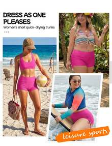 Womens' Versatile Fashion Swim Shorts With Lining, Adjustable Sides, UPF50+, Quick-Dry Swimwear, Stylish Design,Local Delivery - 玫紅色 - 查看 7
