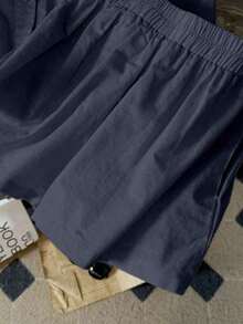 conjunto de 2 piezas de pantalón corto y blusa de manga larga de lino informal y holgado de moda minimalista para mujer - Azul marino - Ver 4