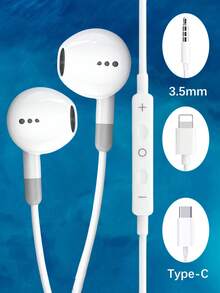 Wired Earphones Compatible With IPhone, Type-C Electronic Earbuds, 3.5mm Round Plug, USB-C Earphones, Earphone Audio Earphones Stereo Bass In-Ear Headphones For /Computer - White - View 1
