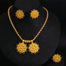 Bộ trang sức 3 món màu vàng đồng, gồm dây chuyền mặt dây hình hoa, bông tai và nhẫn, phong cách Trung Đông, thích hợp làm quà tặng cho cô dâu trong đám cưới. - Vàng - Xem 10