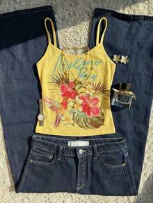 Áo croptop kiểu dáng mùa hè Mỹ cổ điển pha chút phong cách nghỉ dưỡng Hawaii, họa tiết hoa và chim, dây mảnh, in chữ và họa tiết đồ họa. - Màu vàng - Xem 2