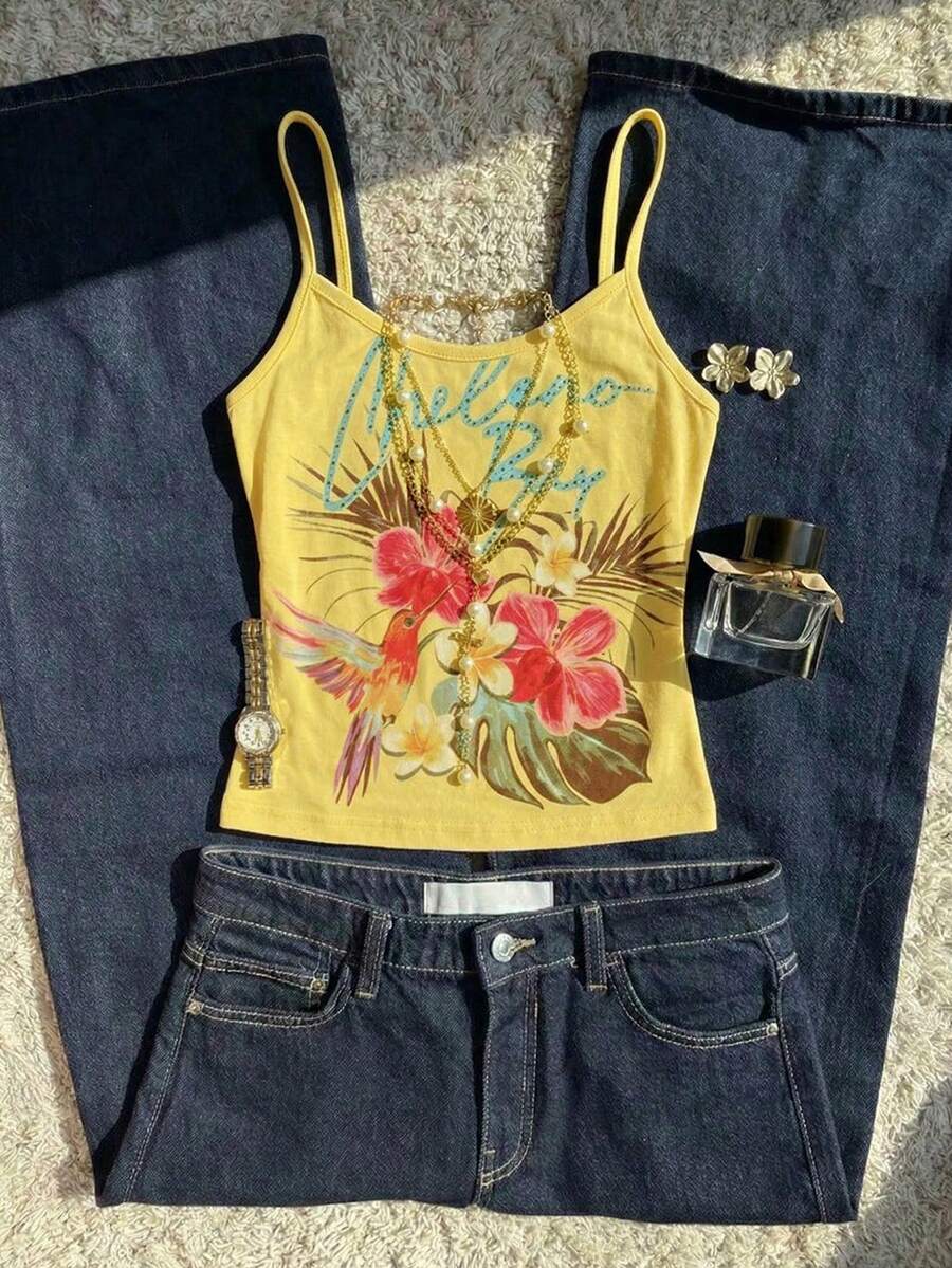 Áo croptop kiểu dáng mùa hè Mỹ cổ điển pha chút phong cách nghỉ dưỡng Hawaii, họa tiết hoa và chim, dây mảnh, in chữ và họa tiết đồ họa.