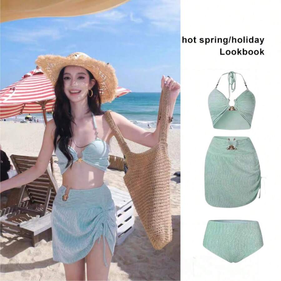 New Women's Swimsuit, Two-Piece Bikini, Resort-Style Seaside Three-Piece Set, Sexy, Slimming, Tummy-Concealing Swimwear For Hot Springs