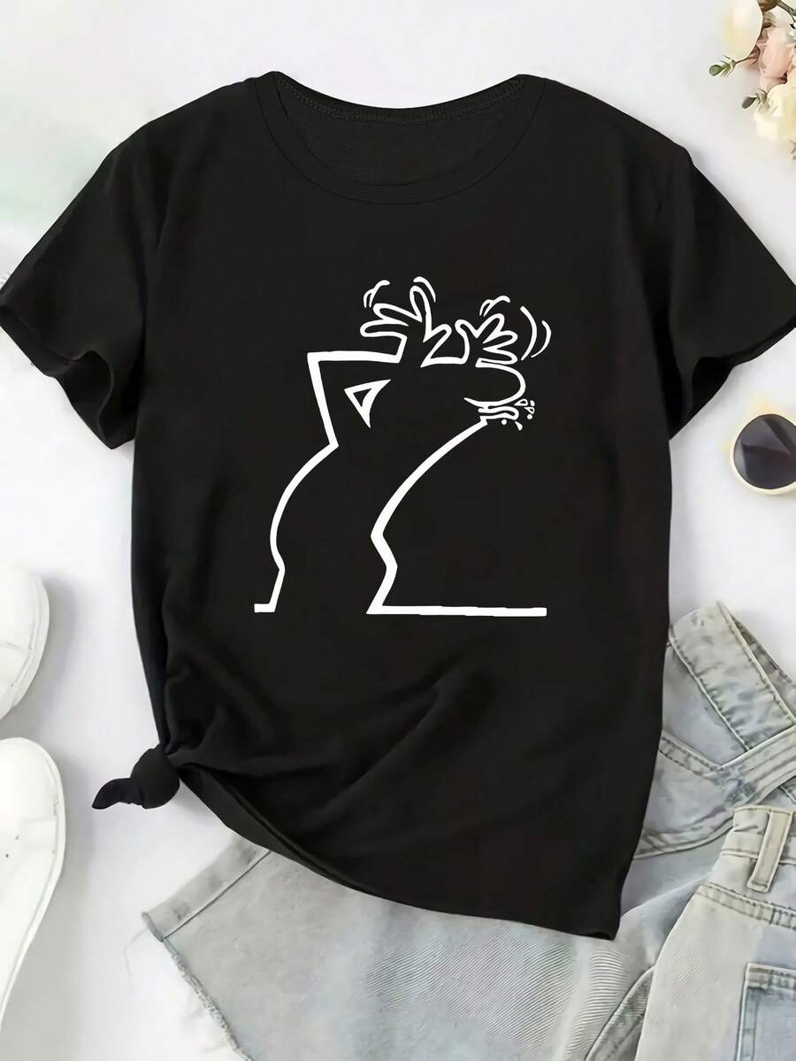 Women's Short Sleeve T-Shirt - Abstract Line And Geometric Print - Stretchy Fabric Top Compatible | Suitable For - Casual Wear, Machine Washable, Not A Shirt, Great For Layering And Everyday Outfits - X - Black - View 1