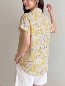 女士全印花纽扣前襟蝙蝠袖衬衫 - 黃色 - 查看 5
