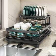 1 pieza Escurridor de platos, escurridor de platos ahorra espacio, escurridor de platos para encimera de cocina, escurridor de platos de acero inoxidable con soporte para utensilios, adecuado para tazones, platos, cuchillos, cucharas y tenedores - Negro - Ver 5