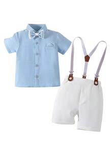 2026 Summer Fashion Handsome Young Boy Gentleman Suit, Sky Blue Shirt + Suspenders Shorts, Summer Little Groomsman Formal Wear For Birthday Party - Baby Blue - View 5