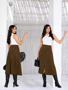 Women's Casual Elegant Suede Midi Skirt With Pockets, Front Slit, And Back Zipper - Sizes S, M, L, XL - 鏽棕色 - 查看 5