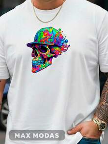 Stylish Modern Men's Plus Size Streetwear T-Shirt With Colorful Skull Print, Crew Neck, 100% Cotton, Comfortable Breathable Fabric, Suitable For Gym Or Casual Wear (Sizes G1, G2, G3, G4, G5) - 白色 - 查看 2