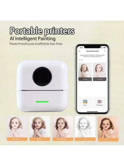 AI-Powered Inkless Photo Label Printer - Generates Custom Images, Converts Photos To Cartoons, Includes Label Templates, Rechargeable Battery, Starter Kit With 5 Rolls Of Sticker Paper, 5 Rolls Of Thermal Paper, 1 Data Cable, And 1 User Manual