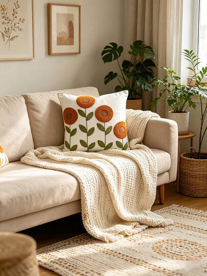 1pc Fresh Sunflower Embroidered Pillow Cover, White Background 3D Embroidered Decorative Throw Pillow Case For Living Room Sofa