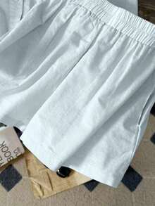 conjunto de 2 piezas de pantalón corto y blusa de manga larga de lino informal y holgado de moda minimalista para mujer - Azul 2 - Ver 4