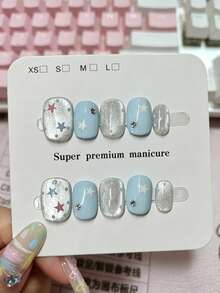10Pcs Handmade Short Oval Press On Nails, Baby Blue & Silver Cat Eye, Stars, Polka Dots & Rhinestones, Fresh & Energetic - Blue and White - View 1