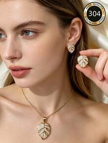 一套浸油叶子造型不锈钢项链和耳环，优雅高贵，适合日常佩戴，母亲节礼物 - 樹葉 - 查看 7