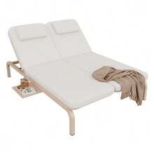 Mobilier de jardin pour 2 personnes, chaise longue, transat, lit de jour d'extérieur, réglable (5 positions), avec table extensible et appui-tête, beige - Beige - Voir 5