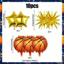 10pcs Basketball Foil Balloon Set, Includes Basketball, Explosion Star And Pentagram, Suitable For Birthday Party, Basketball Theme Party, Basketball Court Decoration, Sports Theme Decoration, Sports Theme Party Supplies, Home Decor - Multicolor - View 2