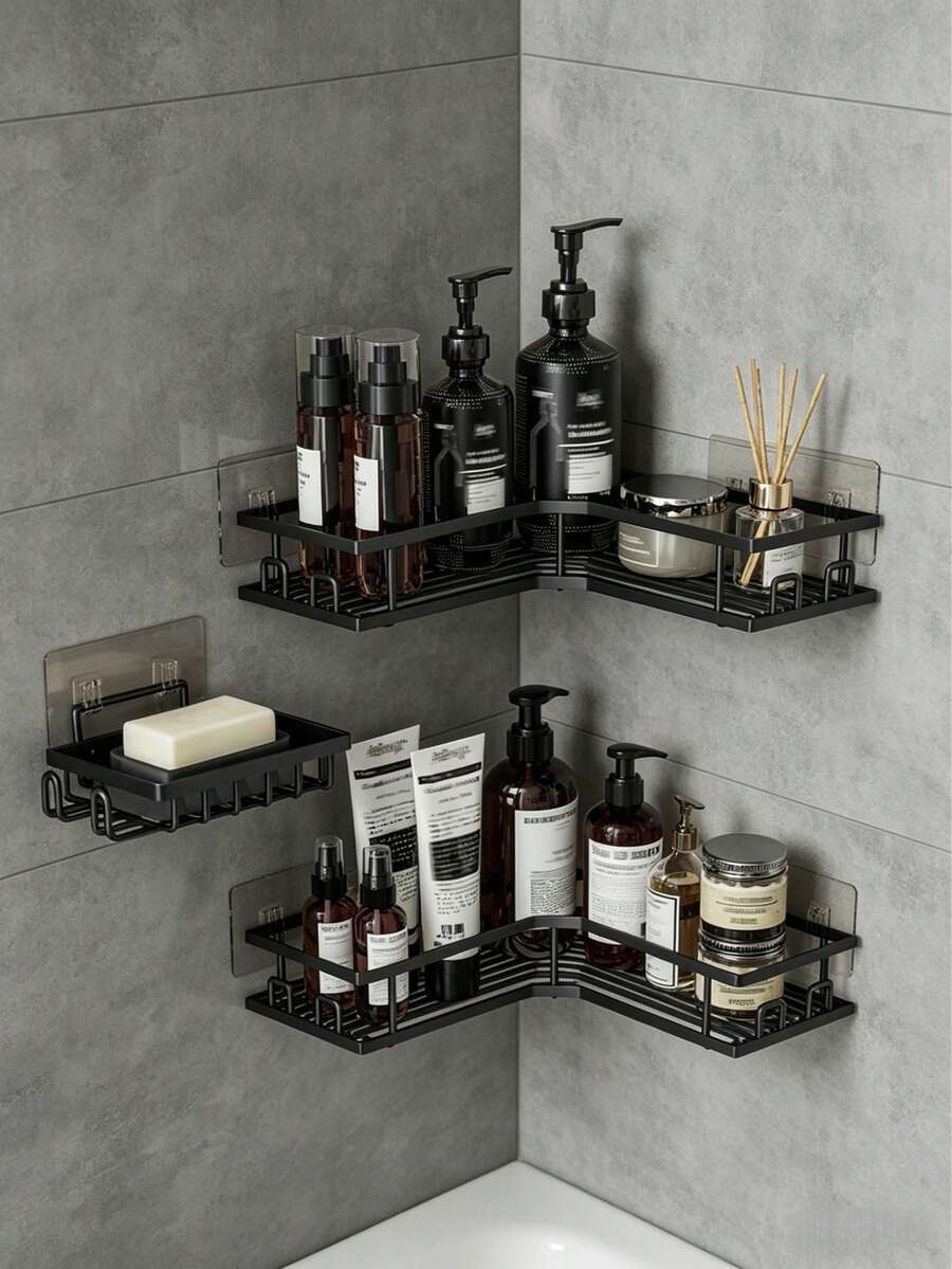 3pcs/Set Wall Mounted Bathroom Shelf With Soap Dish, Rust-Proof Sturdy Structure, Anti-Drop Raised Guardrail With Quick Drainage Net, Waterproof, Space-Saving, Easy Installation, Suitable For Bathroom, Shower, Kitchen, Dorm, Apartment, RV, Hotel And Home Use