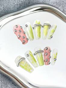 Bộ 10 móng giả 3D vẽ tay hai màu, dài 31mm, hình dáng quan tài, làm thủ công với hạt cườm bạc hình bán nguyệt, đường nét 3D, màu hồng tráng gương, tinh tế, sáng tạo, đa năng, thanh lịch, phù hợp cho đám cưới, tiệc tùng, ngoài trời, bãi biển, hàng ngày, lễ hội, tụ họp, công sở và các dịp đặc biệt. - Nhiều màu - Xem 1