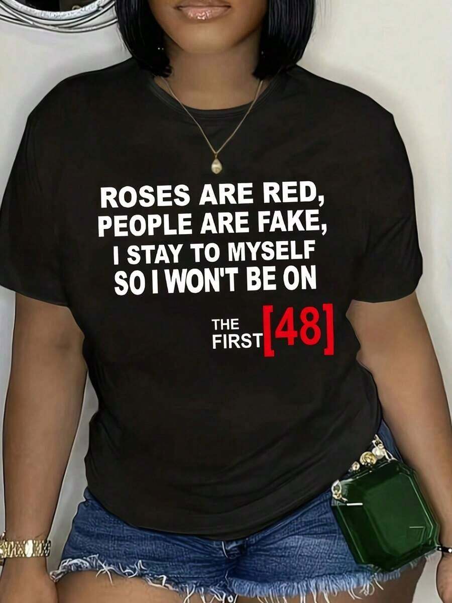 Camiseta Casual de Cuello Redondo para Mujer - Manga Corta, Estampado con la Frase "Las Rosas Son Rojas, las Personas Son Falsas", Negra, Perfecta para Primavera y Verano, Ropa de Primavera Verano| Ropa Casual Elegante| Textura Suave, Camisetas para Damas - Multicolor - Ver 1