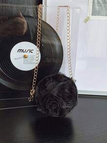 Fashionable 3D Lace Flower Round Handbag, Cute Unique Multi-Purpose Chain Shoulder/Crossbody Bag - Black - View 5