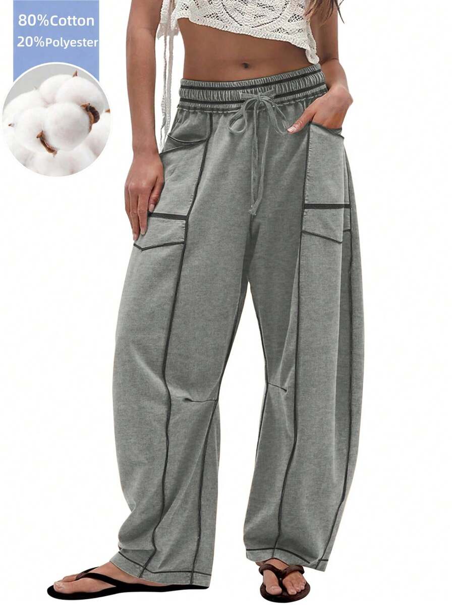 Women's Barrel Leg Sweatpants High Waisted Wide Leg Athletic Pants With Drawstring, Casual Loose Fit Lounge Sweatpants For Women, Yoga Baggy Joggers - 灰色 - 查看 1