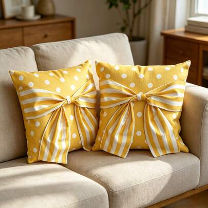 1/2 chiếc vỏ gối trang trí chấm bi vàng và nơ sọc, chất liệu polyester, trang trí phòng ngủ, vỏ gối sofa, quà tặng ngày lễ, không kèm ruột gối.