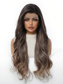 Ombre Grey Brown Wavy 13*4 Lace Front Wig, Pre-Plucked Natural Hairline With Baby Hair, Heat-Resistant Synthetic Fiber Glueless Natural Look Long Curly Wig 26 Inch - Brown Ombre - View 5