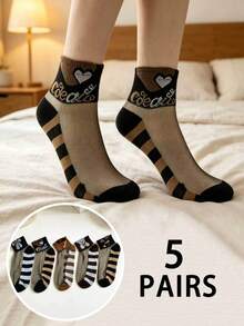 5双装 女士薄款时尚街头风可爱卡通熊条纹图案休闲袜 - 彩色 - 查看 1