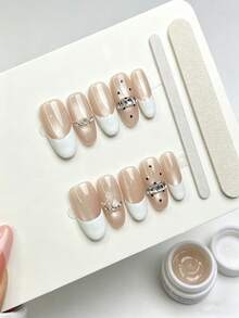 10 móng tay giả thủ công, màu nude trong suốt, kiểu Pháp, hình vuông ngắn, sang trọng, đính đá lấp lánh, có thể tháo rời. - Nhiều màu - Xem 2