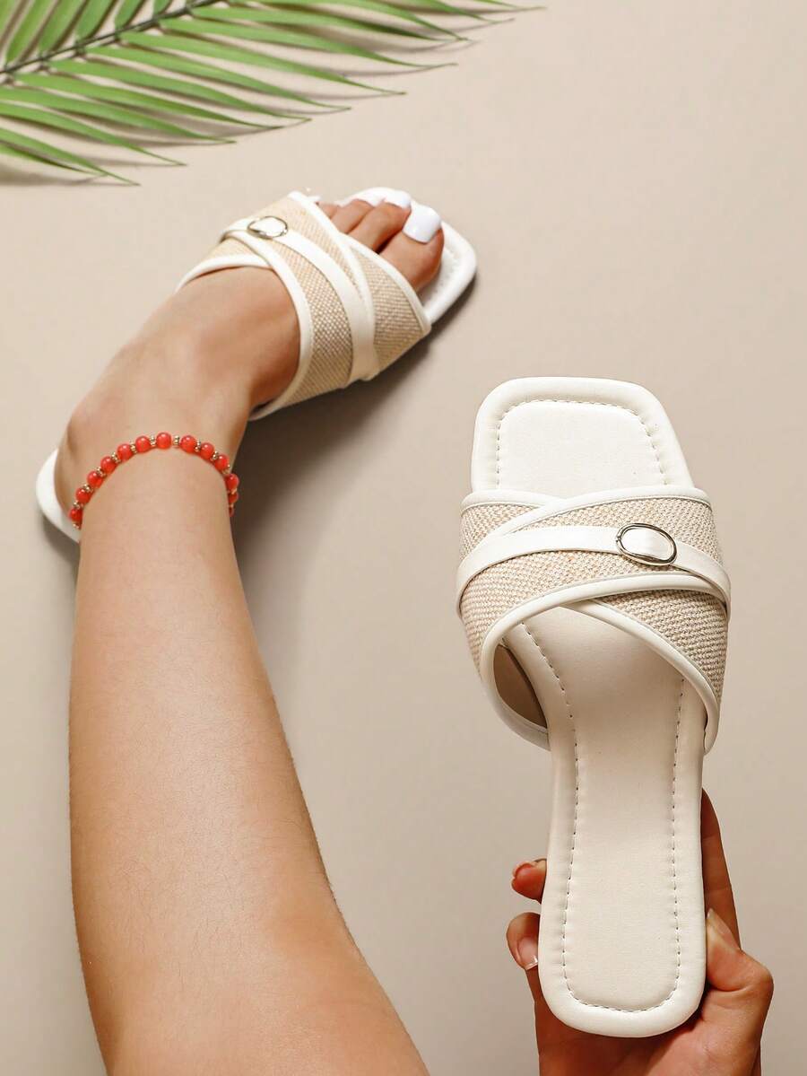 Sandalias planas con hebilla de metal tejida, estilo minimalista elegante para playa, hogar y uso diario, con puntera abierta y cuadrada, color albaricoque - Albaricoque - Ver 1