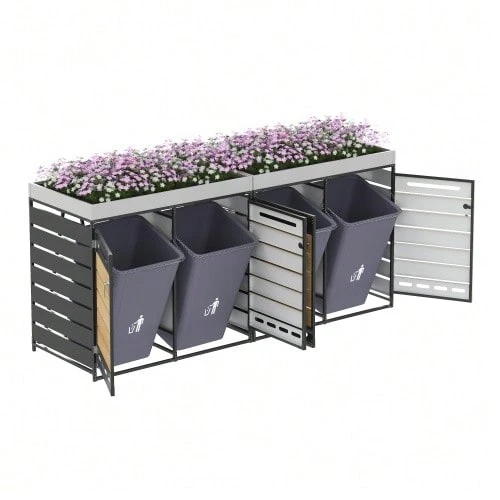 Storage Unit With Planter, Horizontal Slats With Wood Look, Slotted Ventilation Holes, All Iron Garden Cabinet With Lock. - 黑色1 - 查看 1