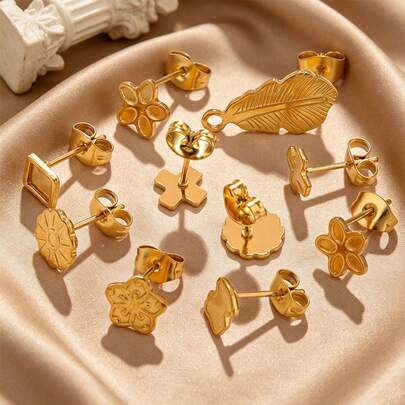 10-Piece Set Of 304 Stainless Steel 18K Gold-Plated Summer Fashion Stud Earrings: Leaves, Squirrels, Circles, And More-DIY Jewelry Making Supplies For Women's Everyday Style
