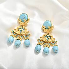 A Pair Of Vintage Retro Fashion Hollow Flower Turquoise Earrings, Palace-Style Light Luxury Natural Green Turquoise Tassel Earrings - 綠松石 - 查看 3