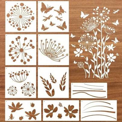 10pcs Reusable Large Dandelion Stencils - Floral & Butterfly Patterns, DIY Painting Templates